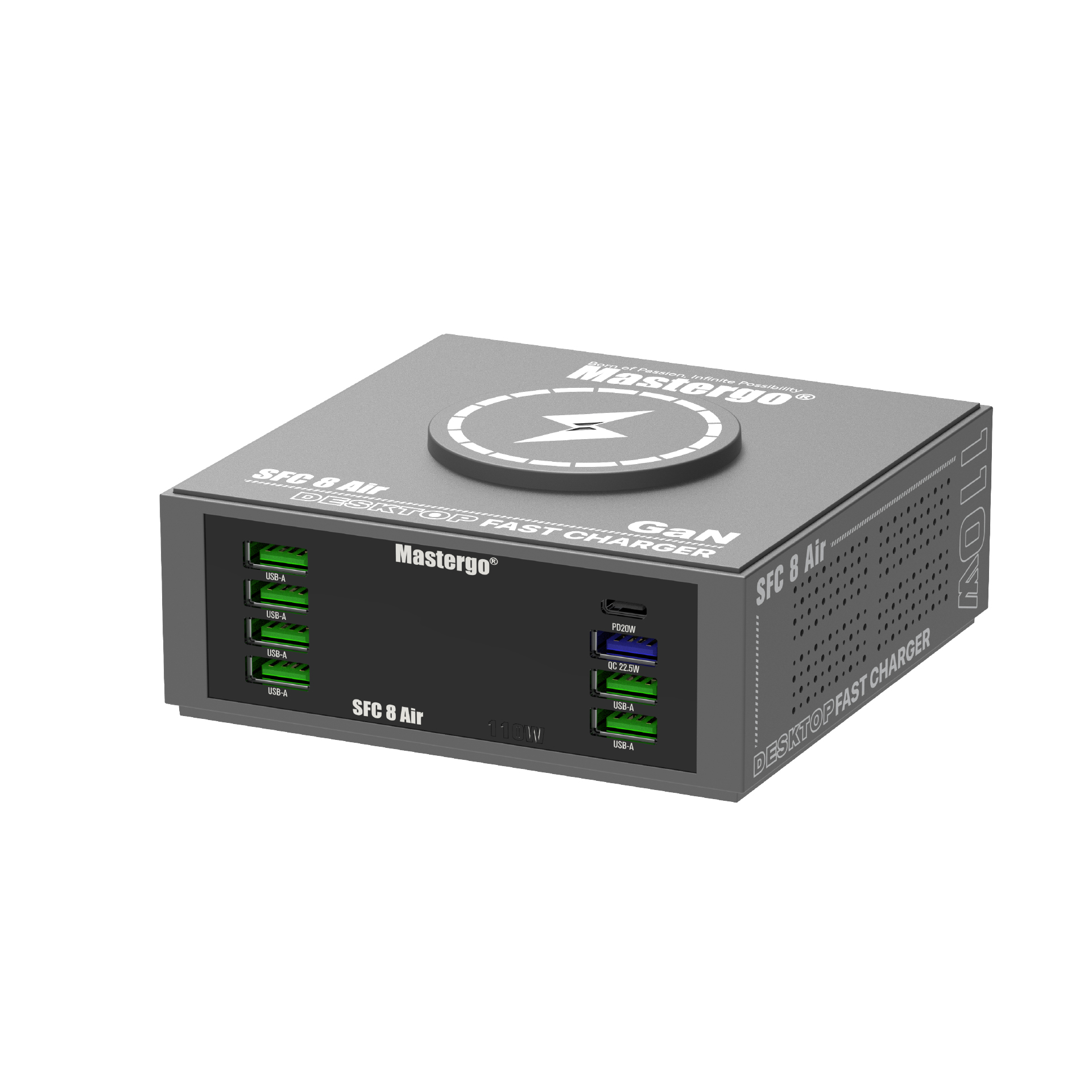 DESKTOP SUPER FAST CHARGING MASTERGO SFC-8 AIR Rated total power 110W. Single port peak power PD 20W. Single port peak power QC 22.5W.